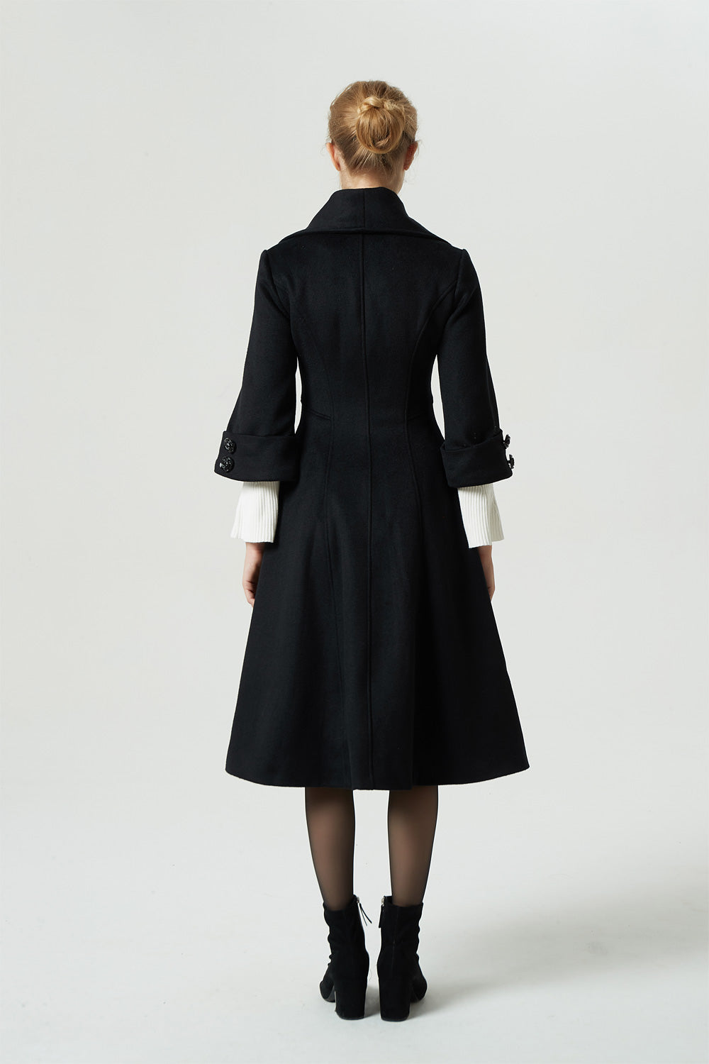 Black Wool Winter Coat – Big Lapel Fitted Midi Coat with 3/4