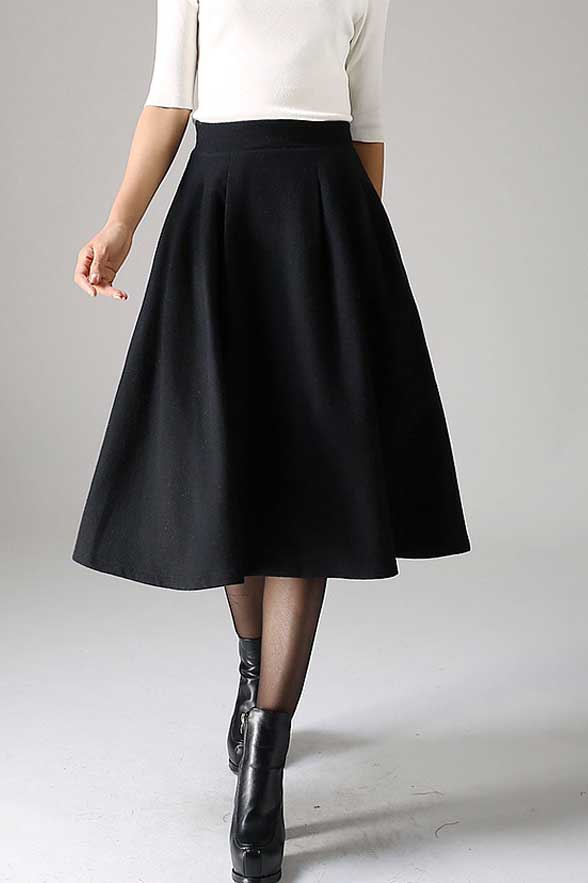 Black Pleated Midi Skirt – Handmade Wool Blend Winter Classic