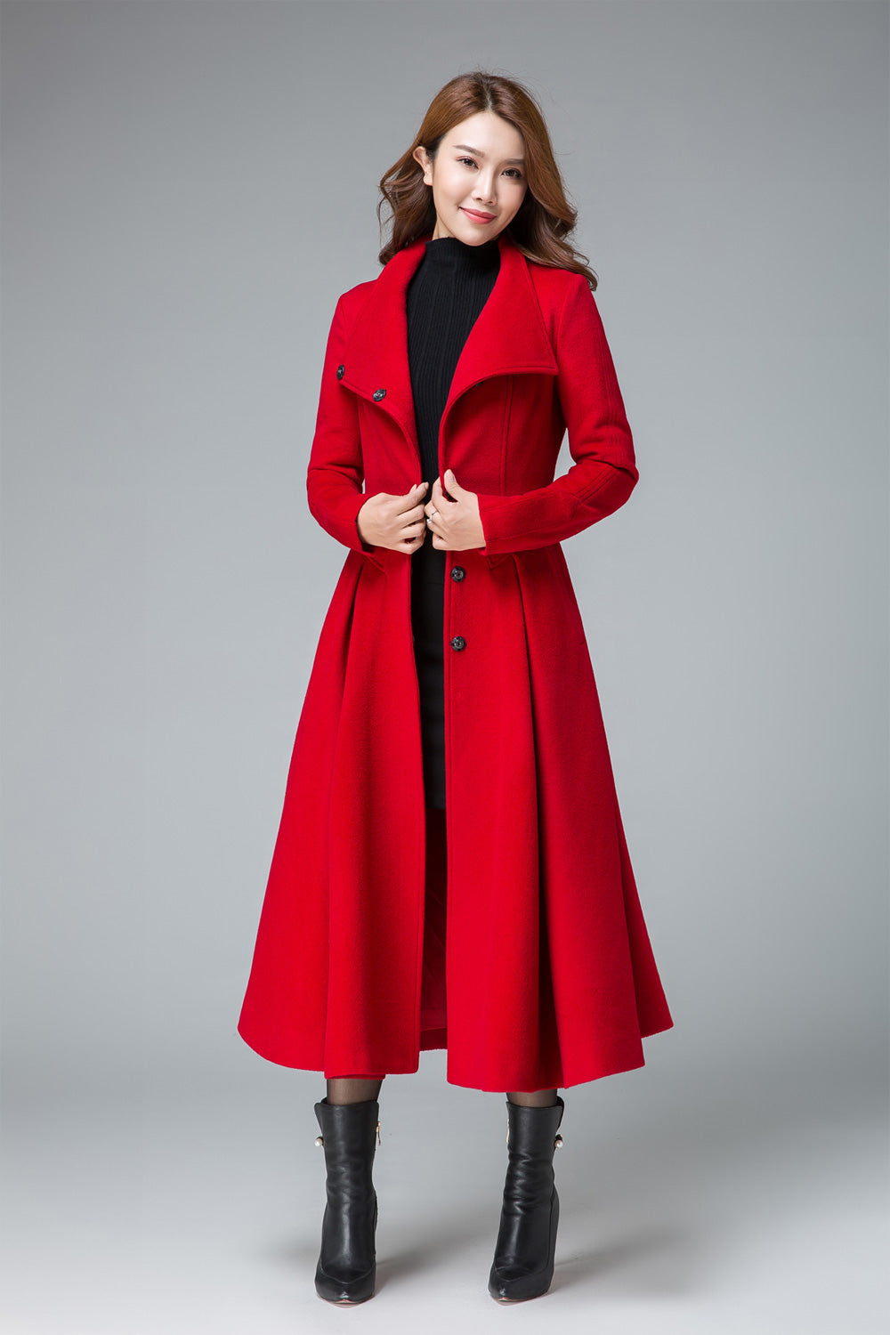 Red Asymmetrical Wool Coat – Elegant Fit & Flare Winter Coat