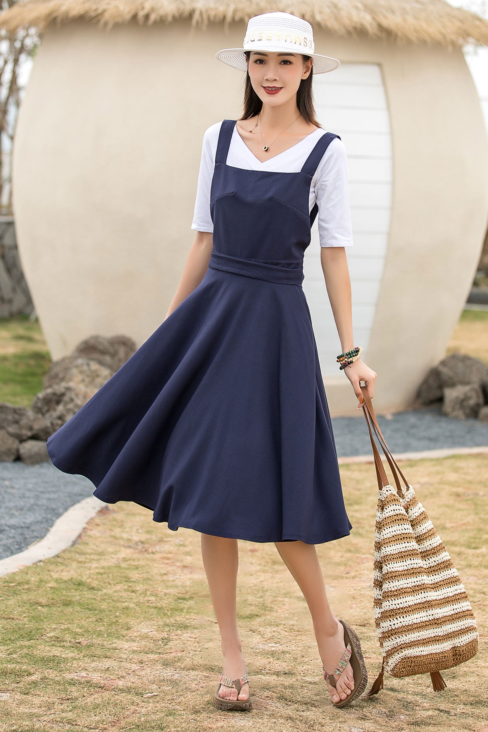 Navy pinafore fit and flare linen dress 2739 – Xiaolizi