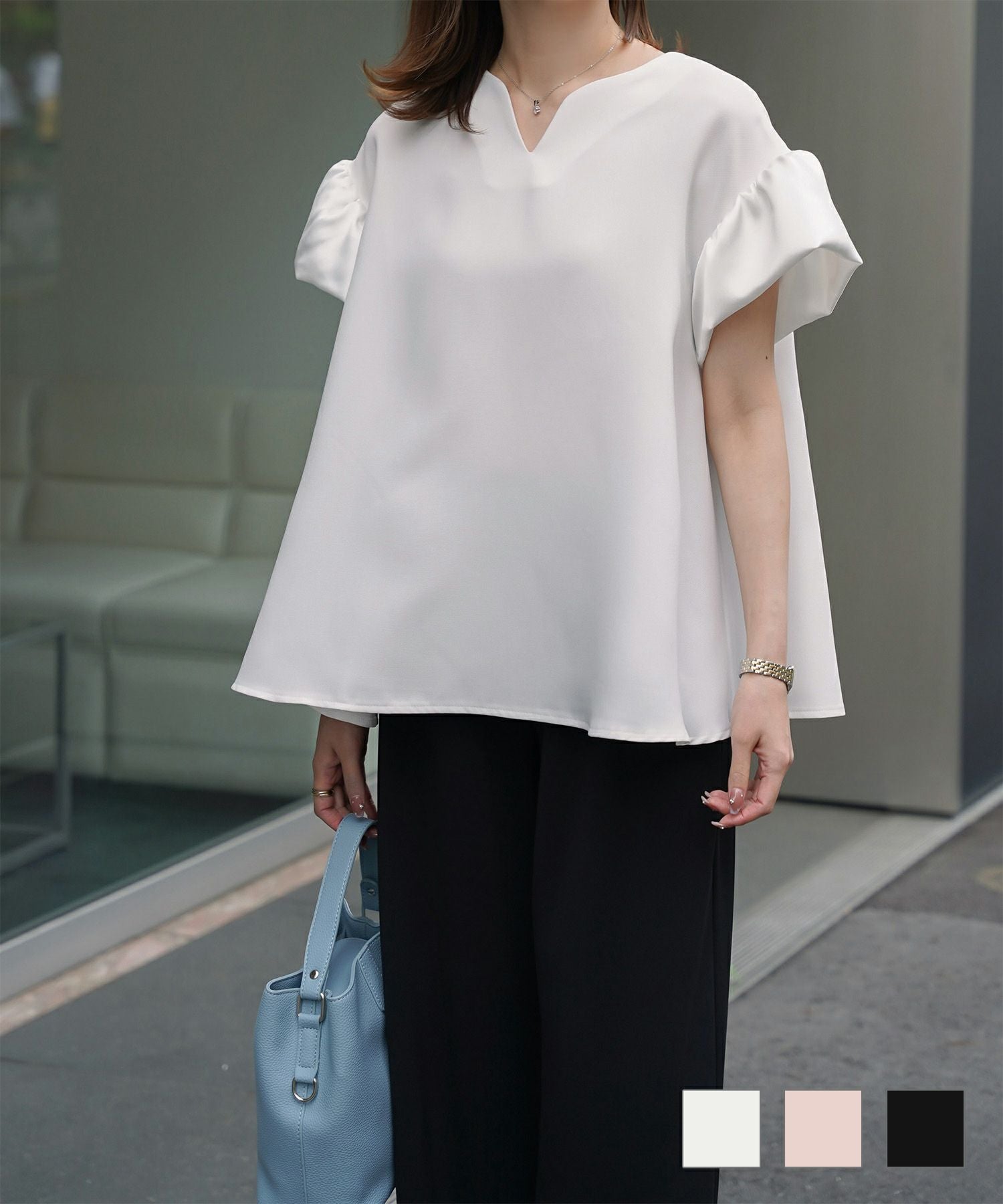 サテン フレアスリーブ ブラウス HUIT 全3色｜hit821-0269【3】 - 半袖