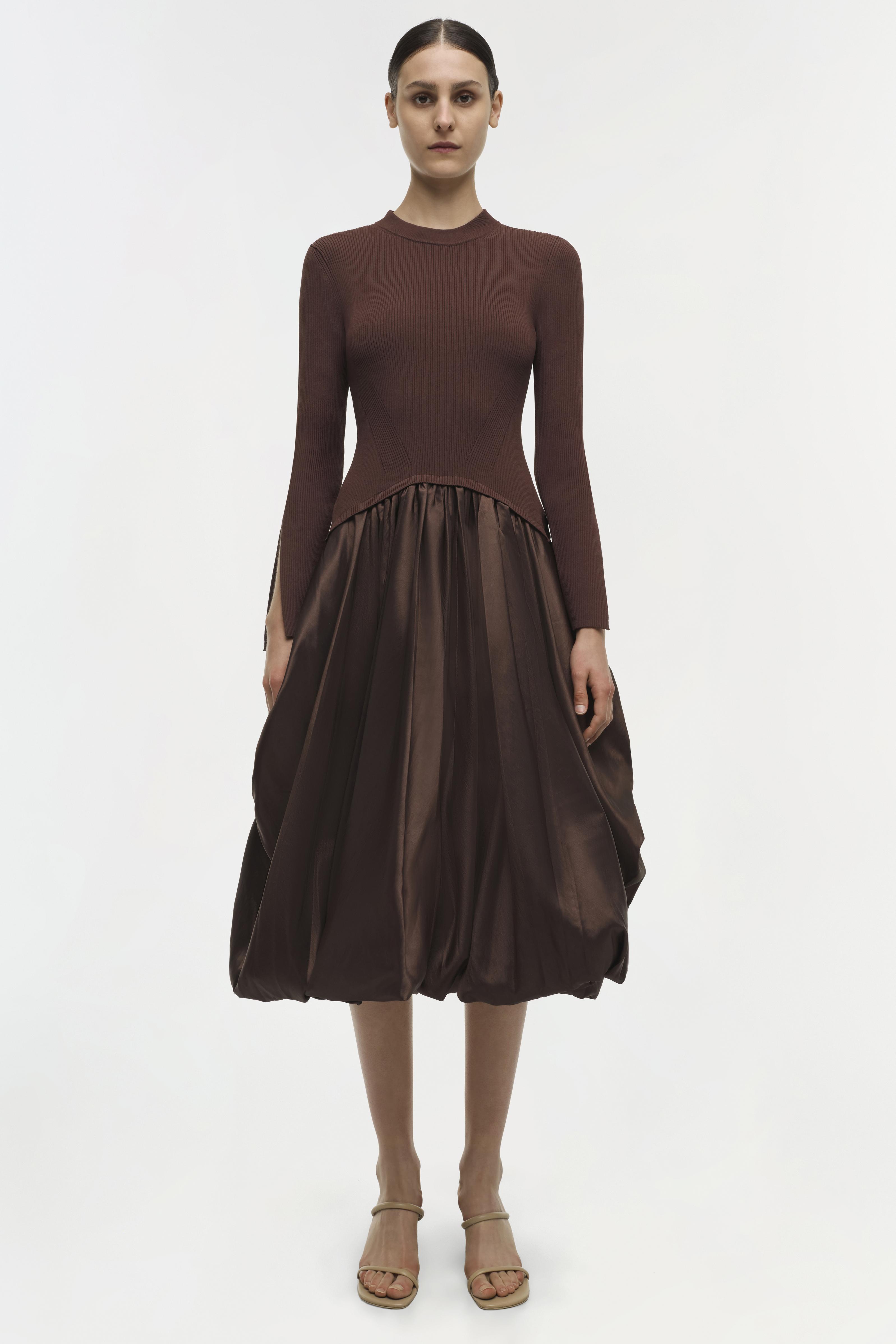 Kenlie Long Sleeve Mock Neck Midi Dress - Chocolate Brown | SIMKHAI