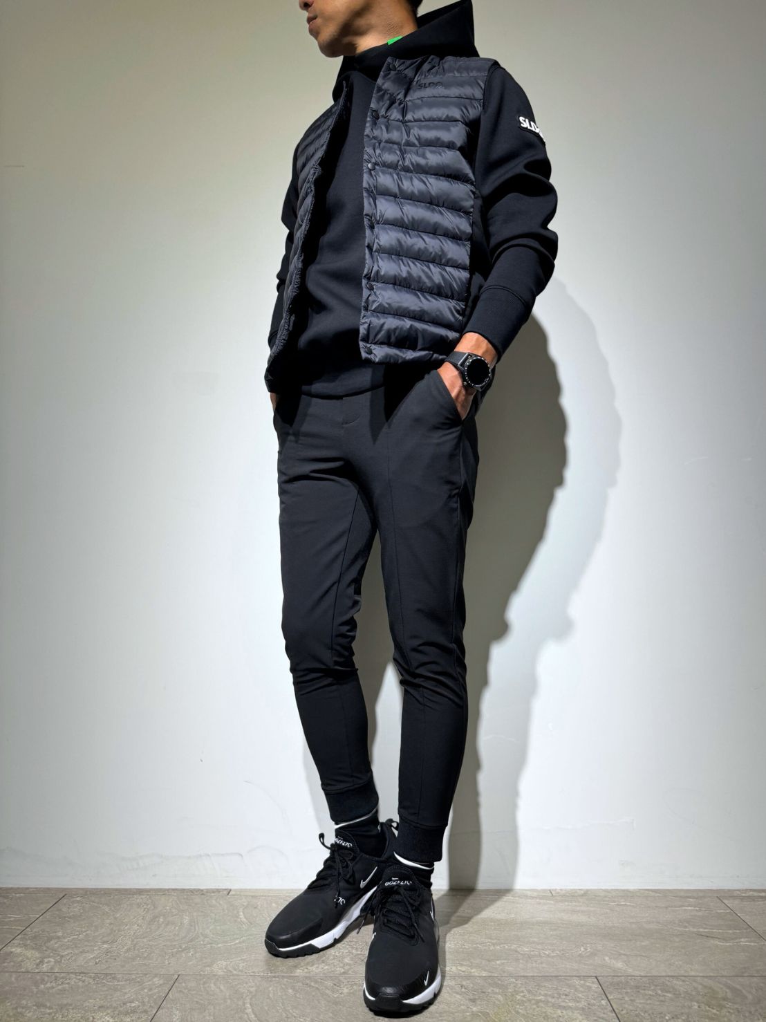 NEW STDダブルクロスストレッチリブパンツ/BLACK×BLACK LOGO (UNISEX