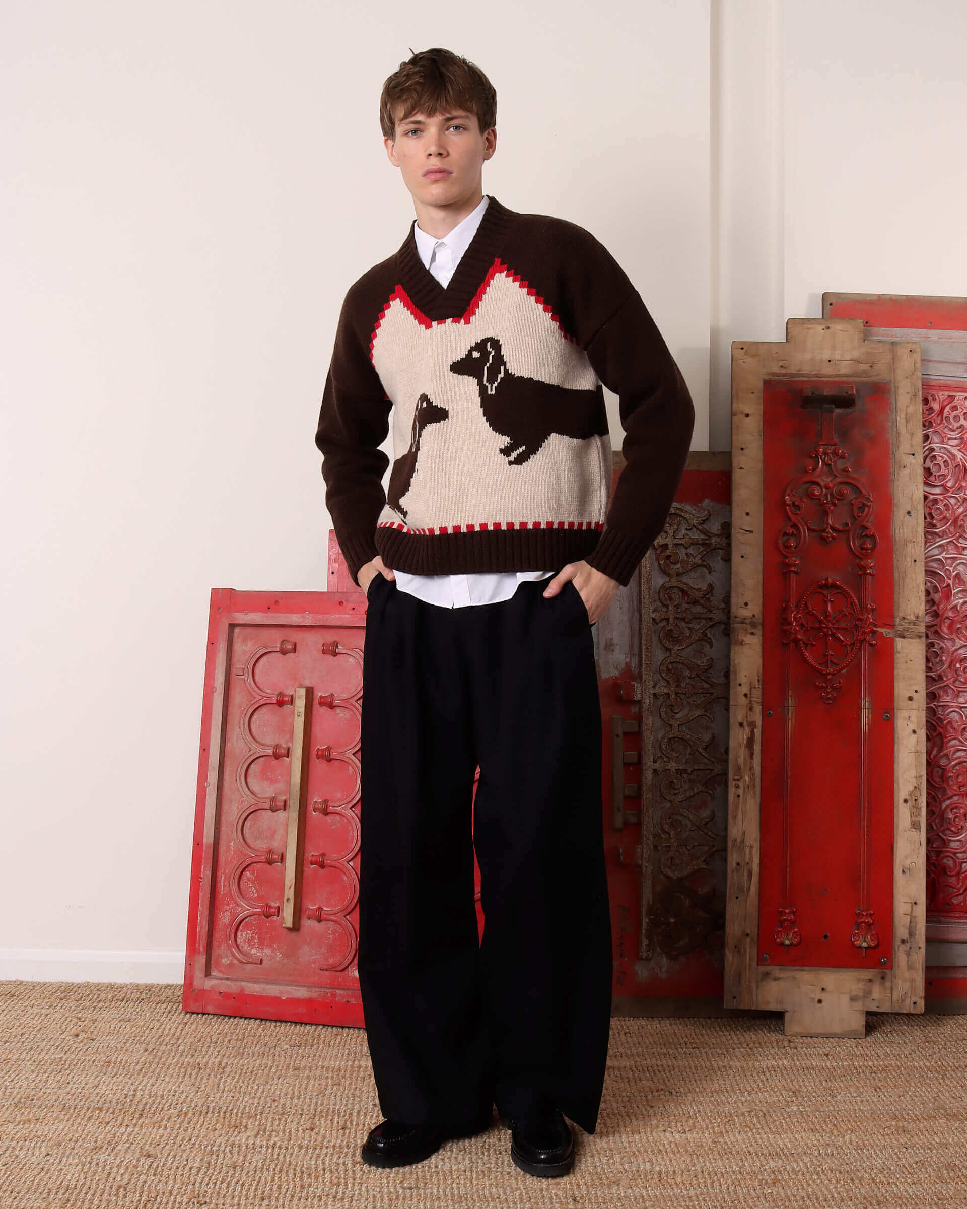 Harold' V Neck Sweater - Brown/Ecru — S.S.DALEY