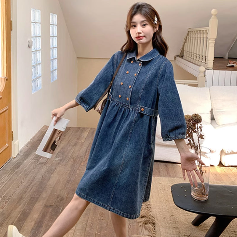 7分丈デニムワンピース（青）あどけなさの残るデニムワンピ