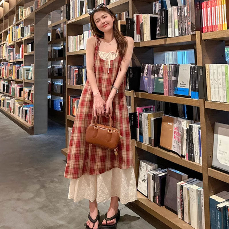 レイヤード風レトロチェックワンピース(2colors)（青・赤）春/夏