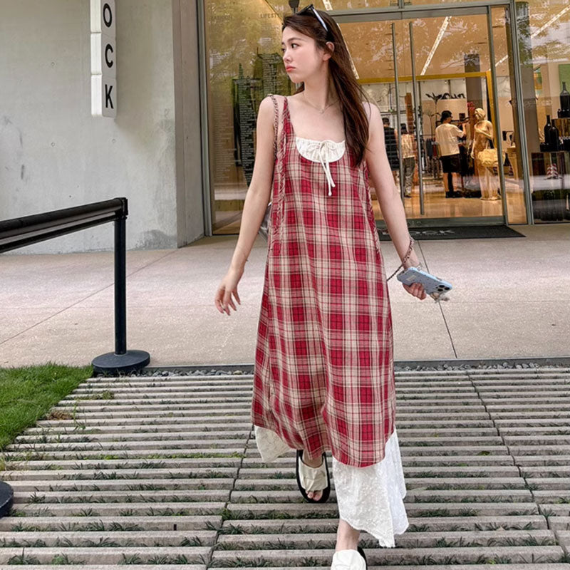 レイヤード風レトロチェックワンピース(2colors)（青・赤）春/夏