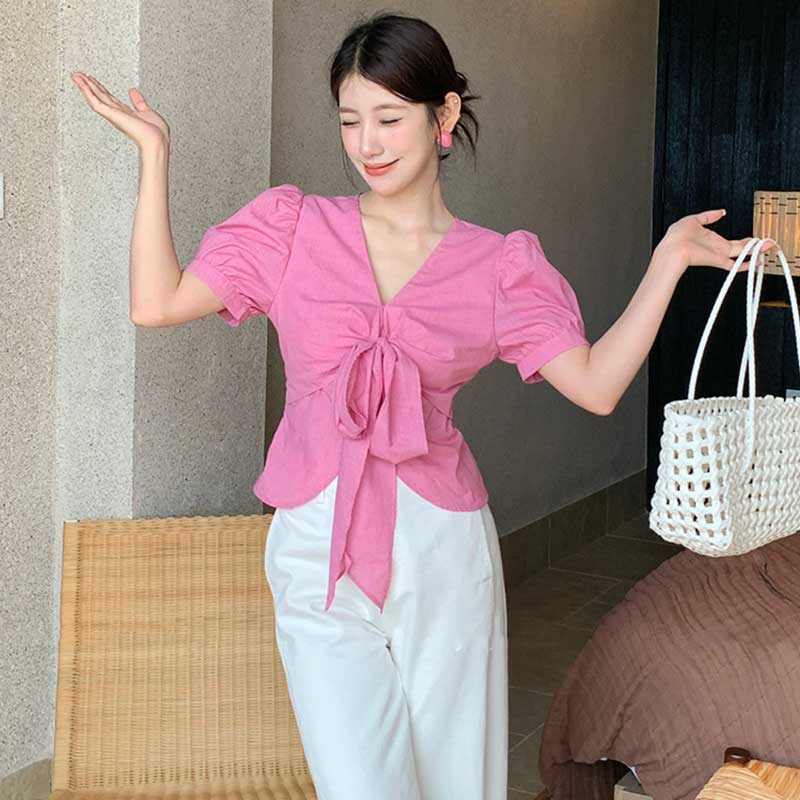 Vネックフロントリボントップス(2colors)（ピンク・青）春/夏 甘さと