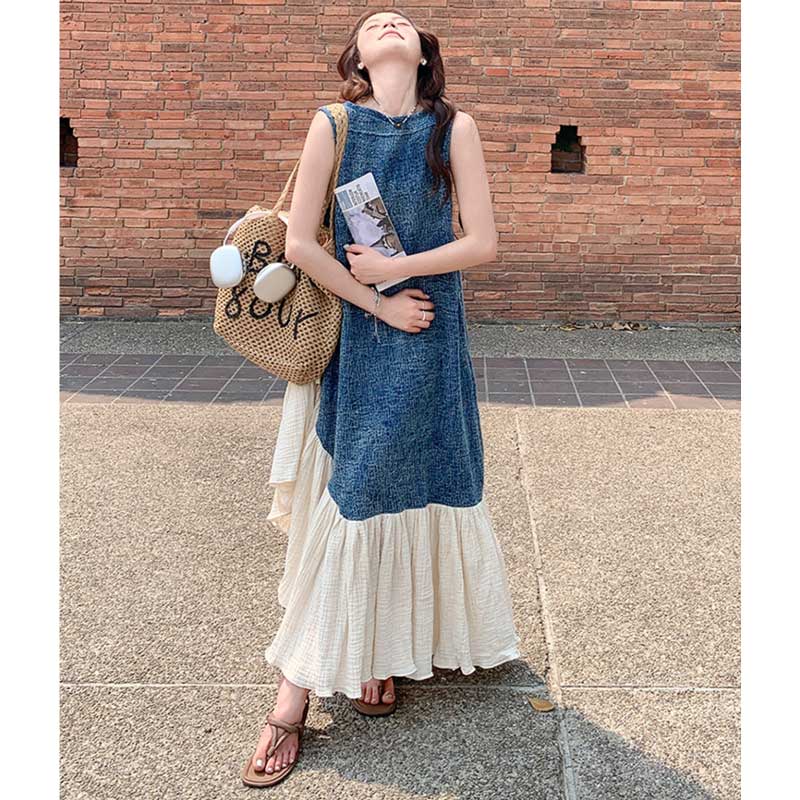 異素材切り替えロングワンピース（青）春/夏 異素材の組み合わせがおしゃれ