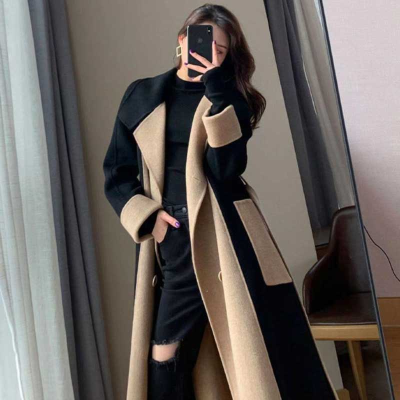 バイカラーロングコート（ベージュ）秋/冬 上品なバイカラーデザイン