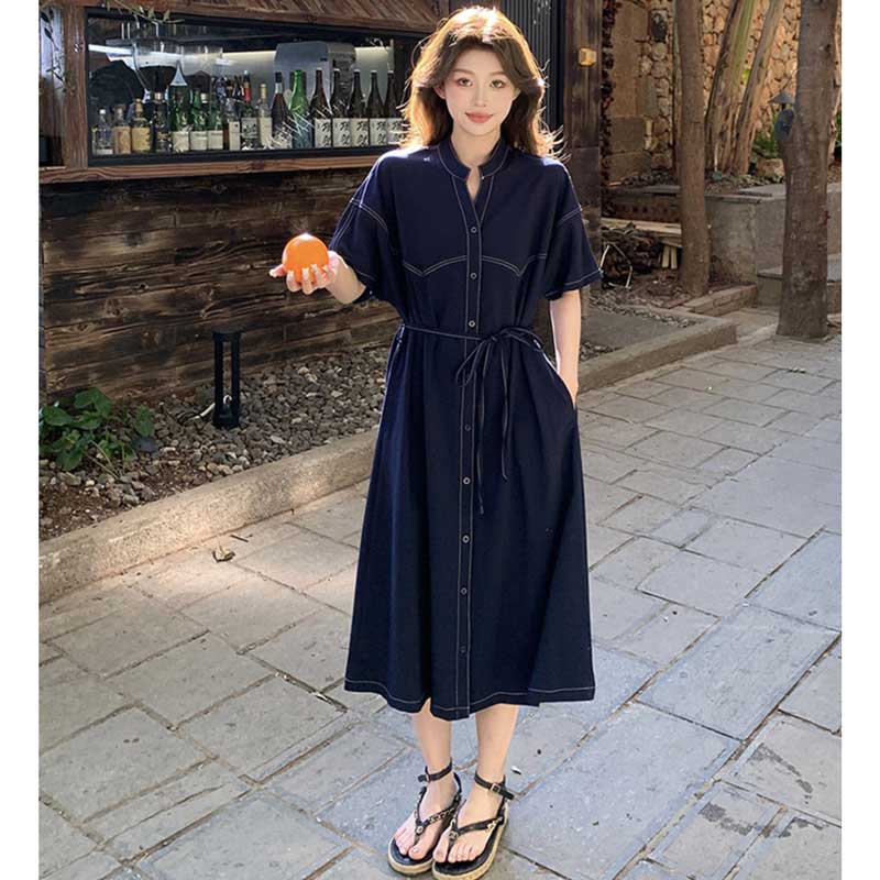 ネイビーリラックスシャツワンピース（紺）春/夏 シンプルなのに品よく