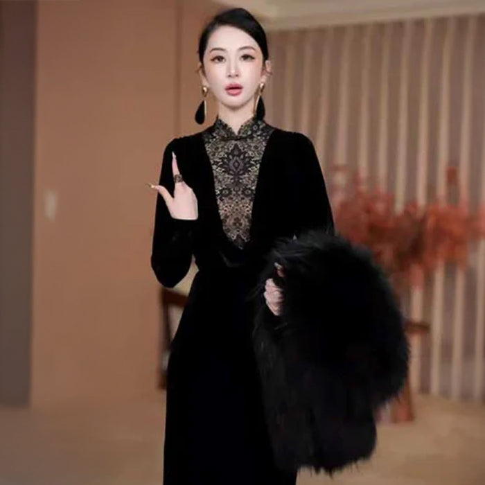 ベロアタイトロングワンピース（黒）秋/冬 上品な華やかさを演出