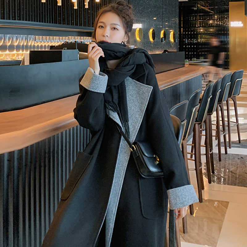 ウエストベルト付きバイカラーウールコート 黒・グレー 秋/冬 オフィス