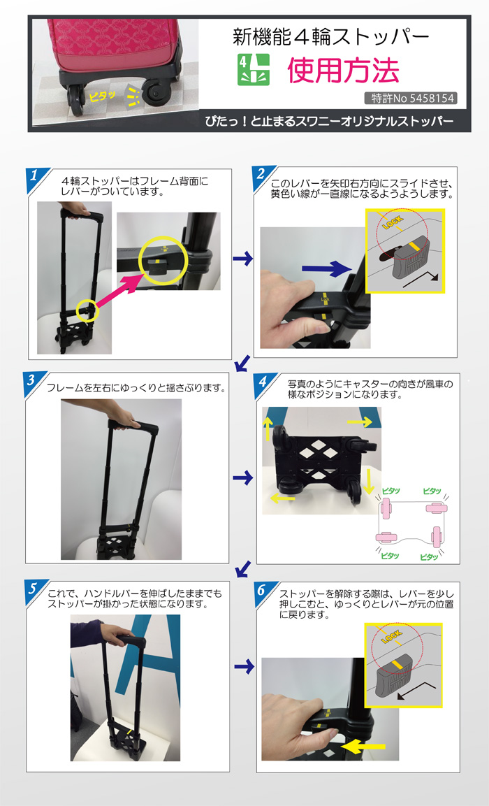 4輪ストッパー使用方法 | キャリーバッグならスワニー公式オンライン
