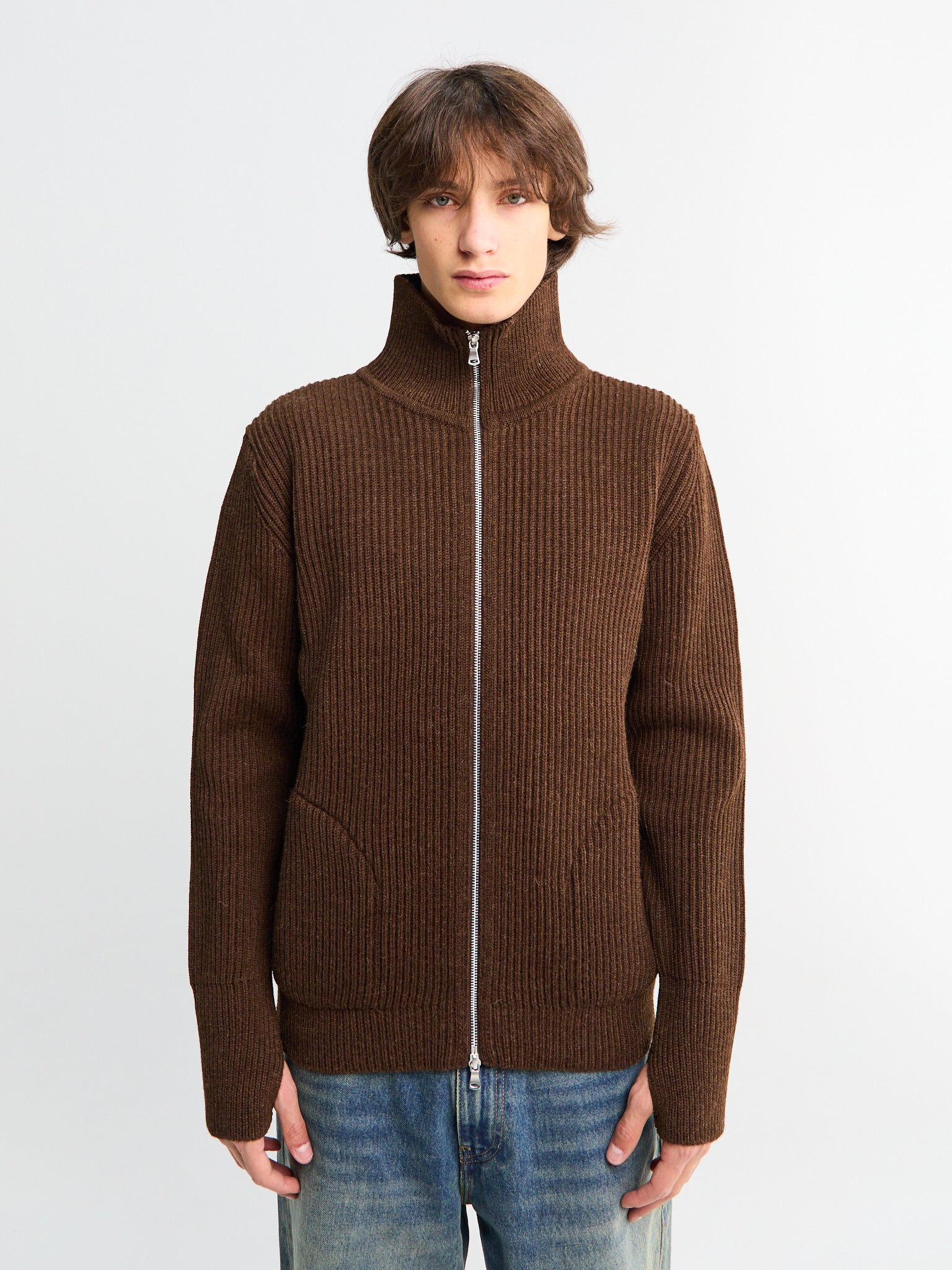 Andersen-Andersen - Navy Full Zip Pockets Knitwear in Natural