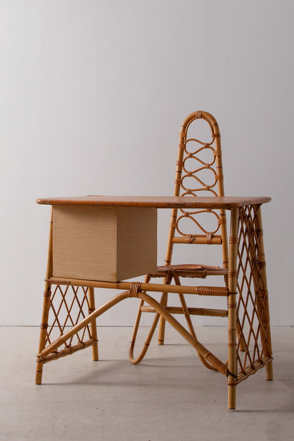 stoop | Vintage French Rattan Desk Set with Scrolling Motifs by