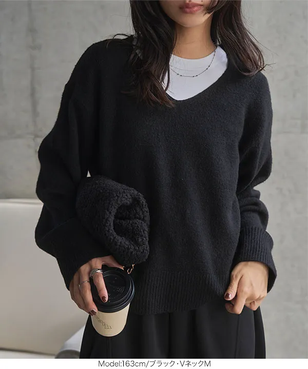 ウォッシャブルVネックorモックネックスフレニットトップス [C6301