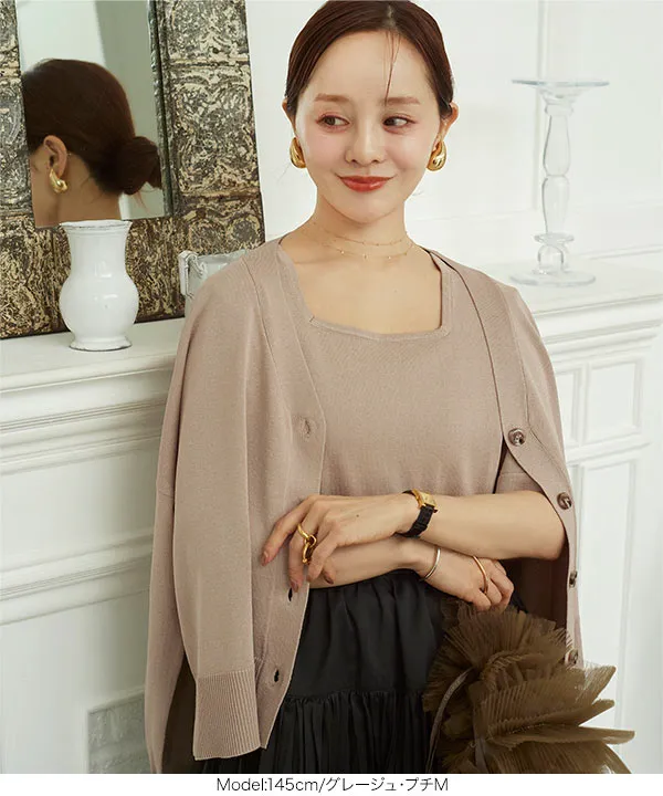 田中亜希子さんコラボ ] UVカットスクエアネック五分袖ニットトップス