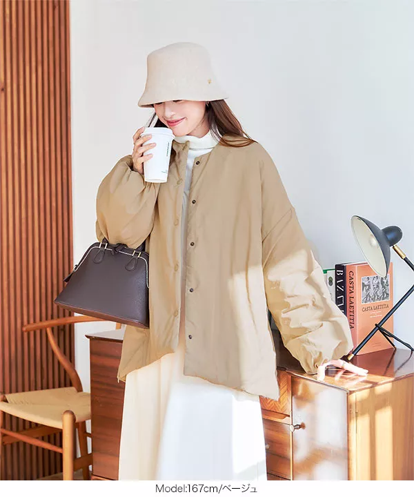 ノーカラーサイドZIP中綿ジャケット [K1228] - レディースファッション