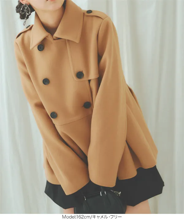 プリーツ切替ペプラムダブルボタンコート [K1327] - レディース