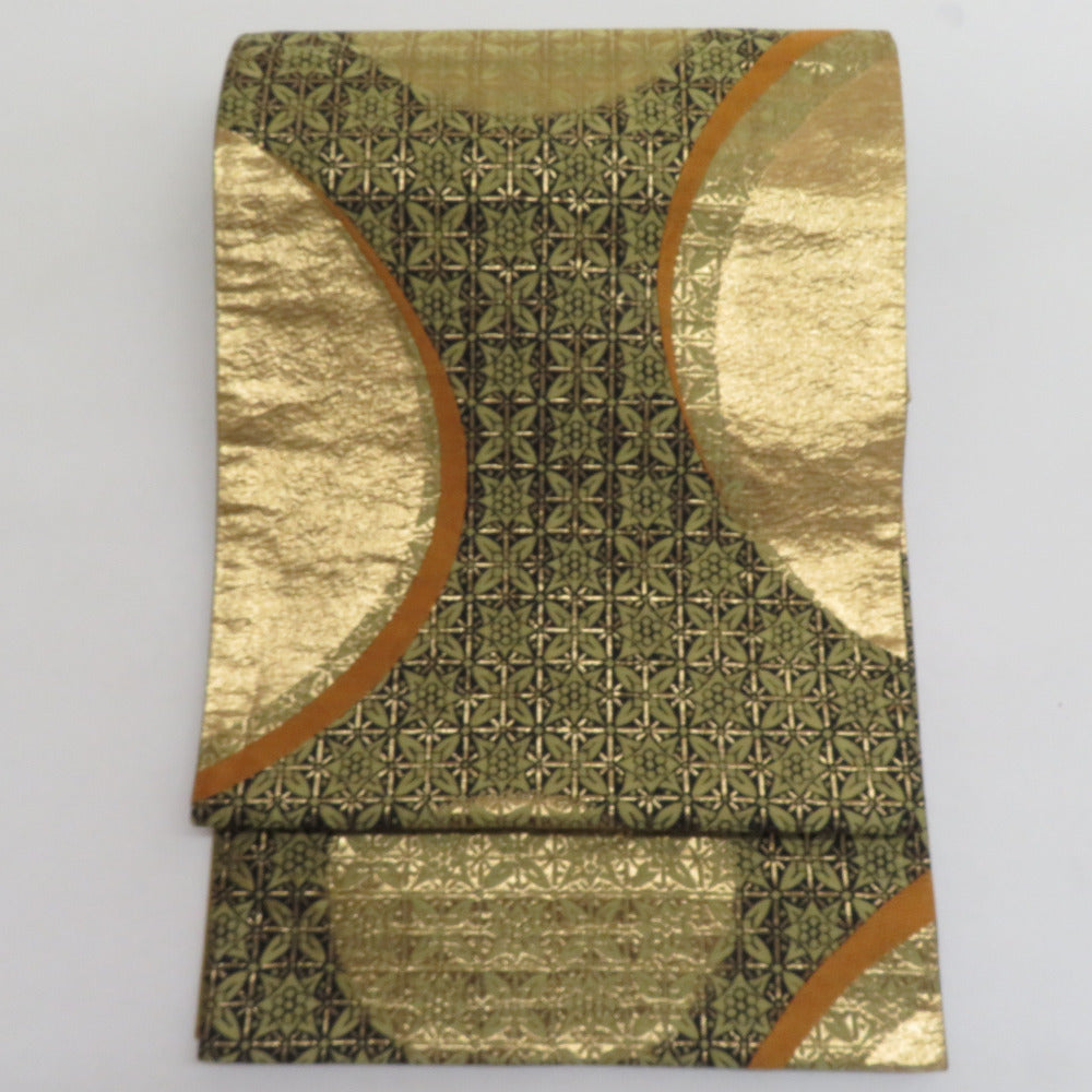 袋帯 全通柄 丸模様 金x黒x黄色 金糸 六通柄 正絹 仕立て上がり 着物
