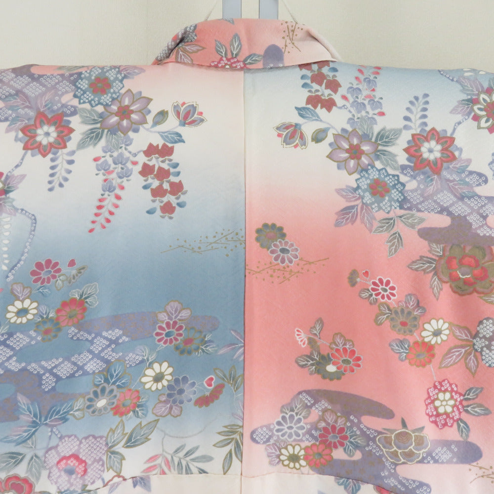 小紋 霧に花模様 ぼかし染め 青xピンク 箔入り 紗綾形地紋 金x銀 袷