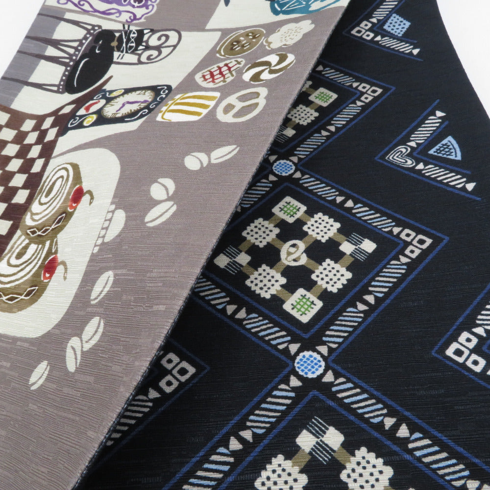 半幅帯 WAKKA ワッカ 猫カフェ クッキー柄 正絹 グレーxネイビー