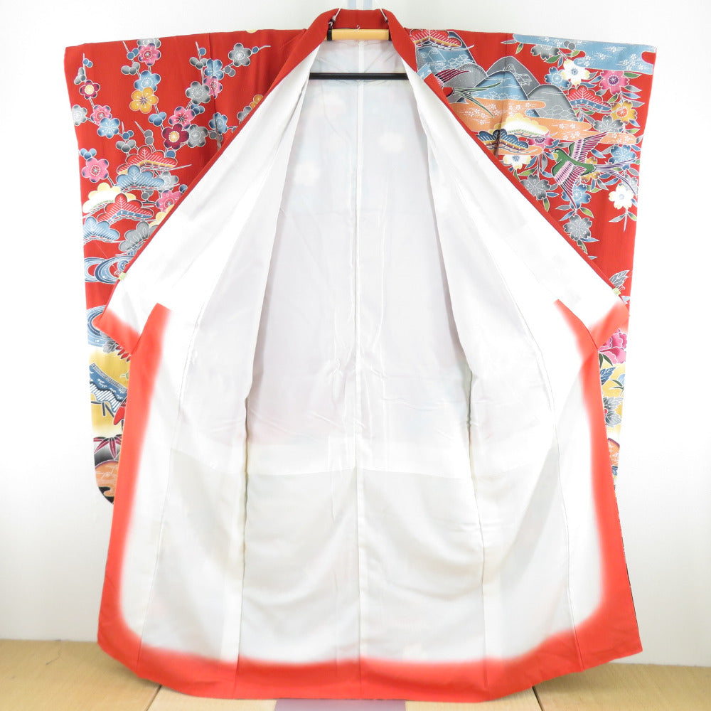 振袖 紅型 風景模様 松竹梅 鳥に流水文様 正絹 袷 広衿 朱色x黒色