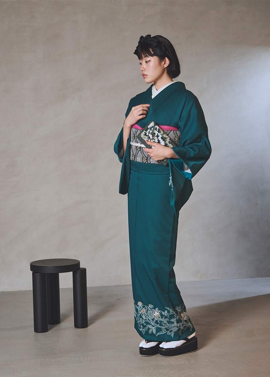 ハレノヒ小袖】付下げ訪問着 更紗花冠 孔雀緑 | フォーマル着物