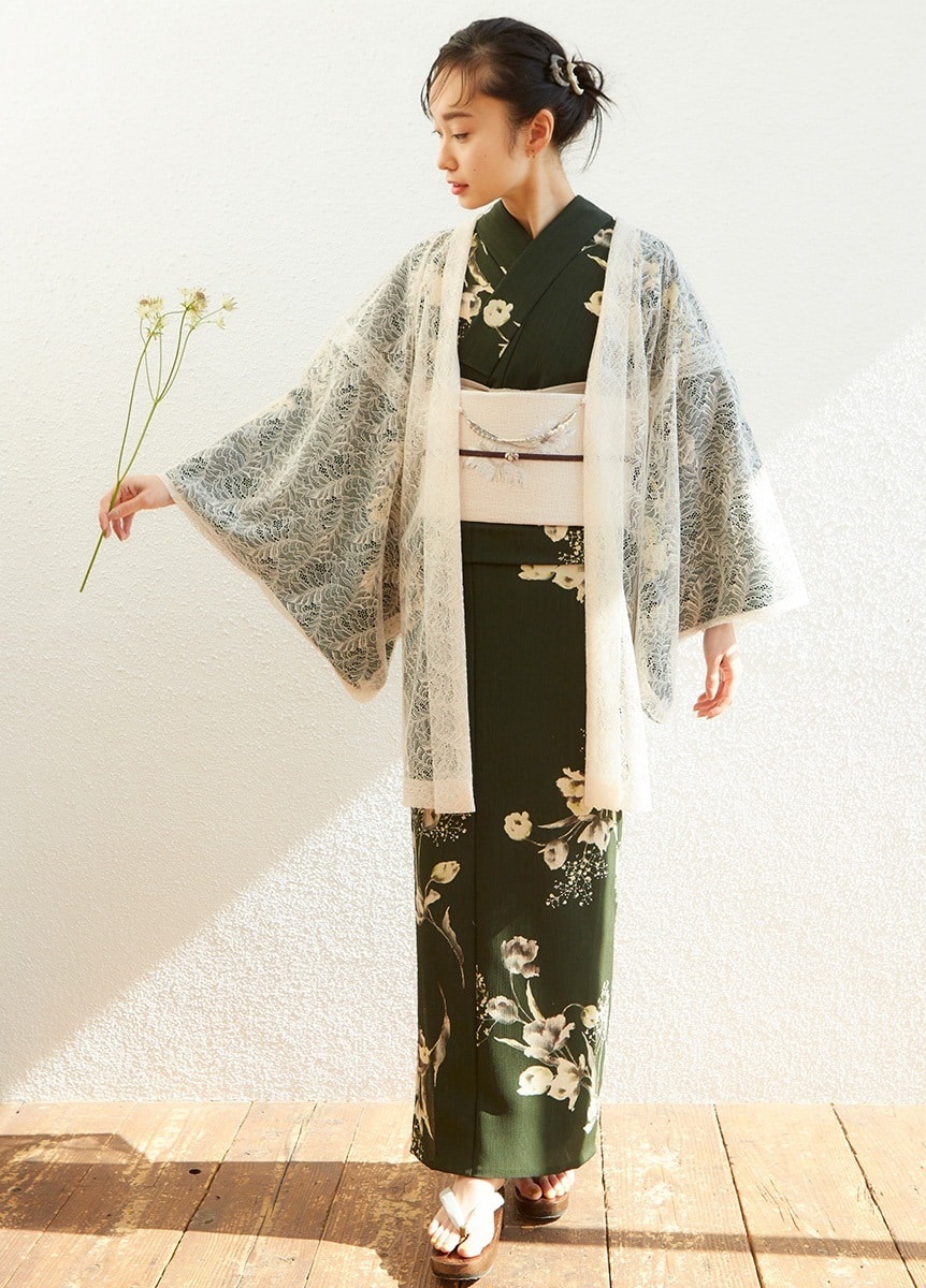 やまと可憐ゆかた チューリップとかすみ草 灰緑色（お取り寄せ品