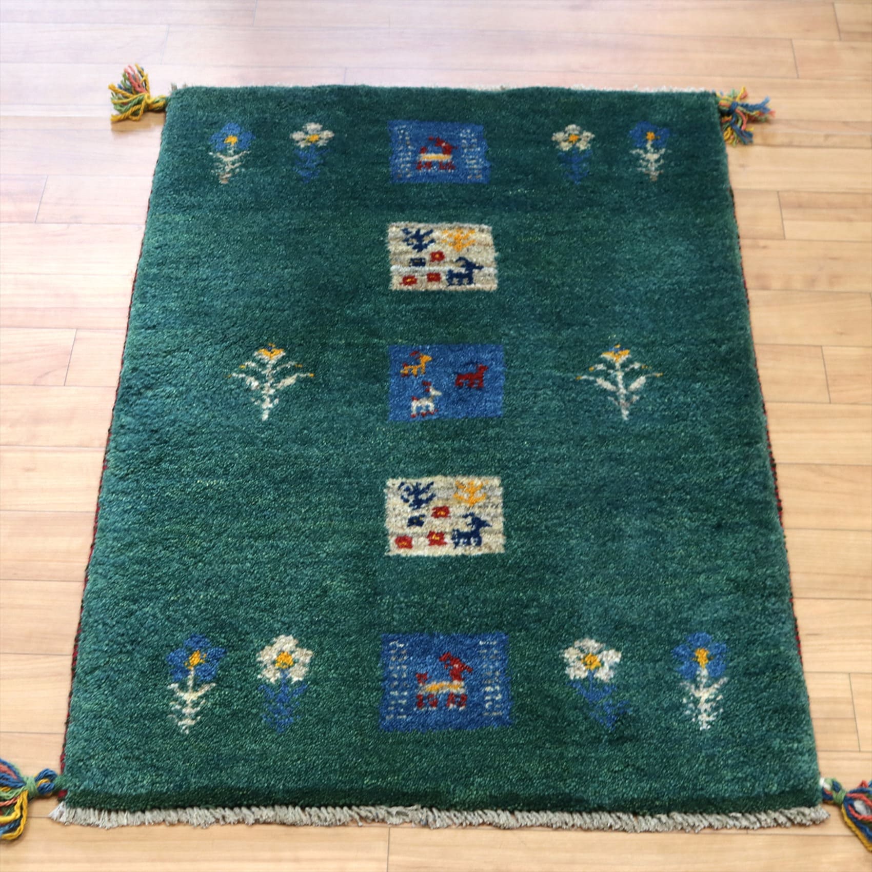 キリムスタイル / ギャッベ 玄関マットサイズ88×62cm グリーン