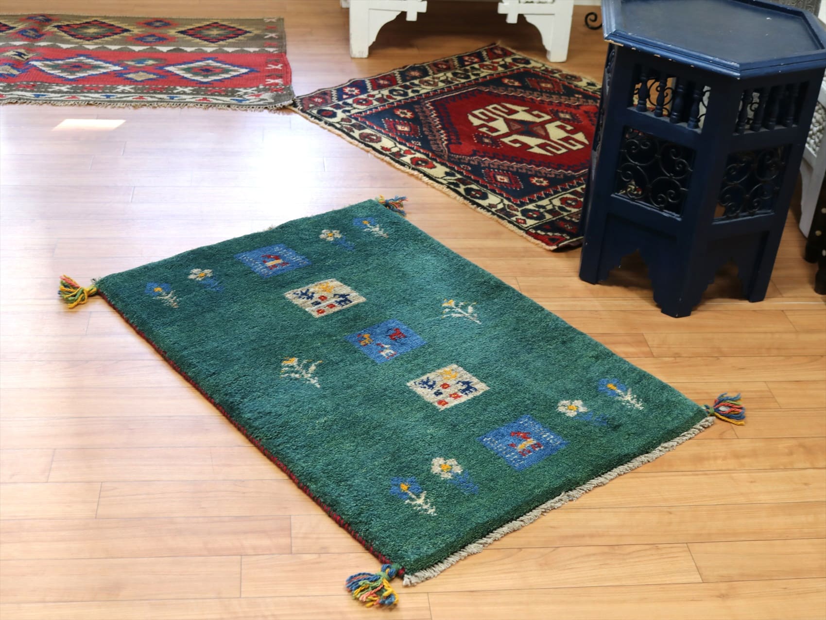 キリムスタイル / ギャッベ 玄関マットサイズ88×62cm グリーン