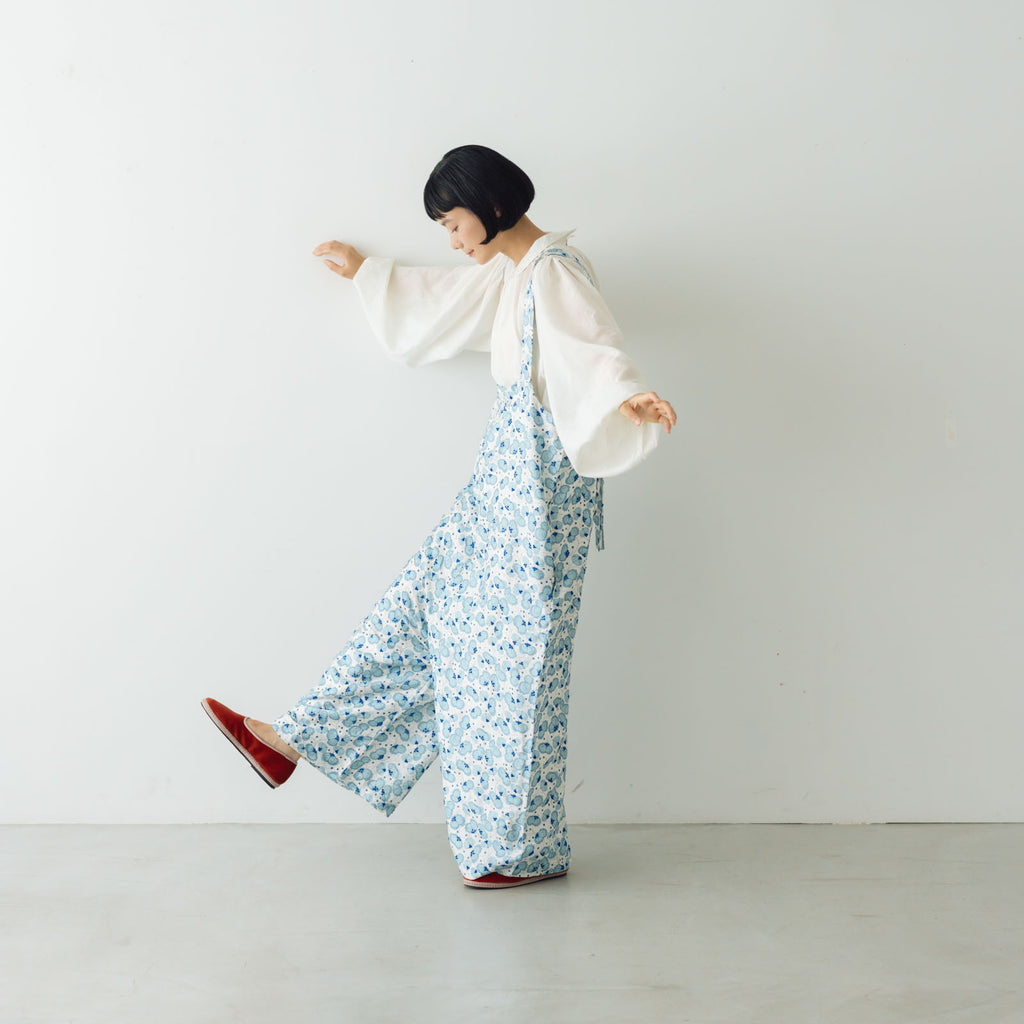 BUNON エンブロイダリーオーバーオール シルク ホワイト×ブルー