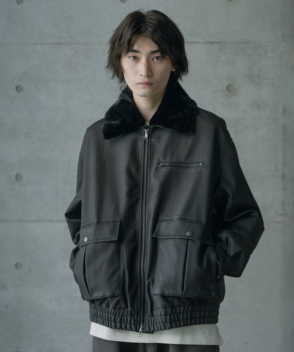 ビンテージシンセティックレザーファーカラー脱着フライトブルゾン