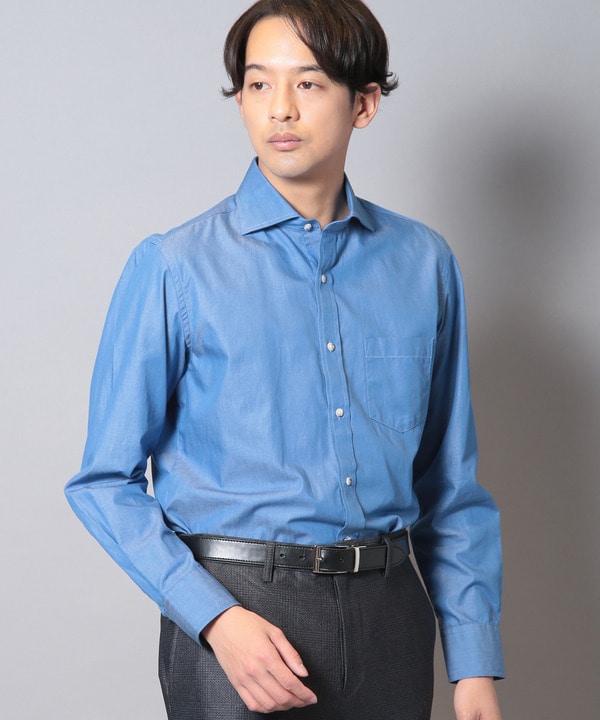 イージーケア＞デニム調ホリゾンタルカラーシャツ｜メンズファッション