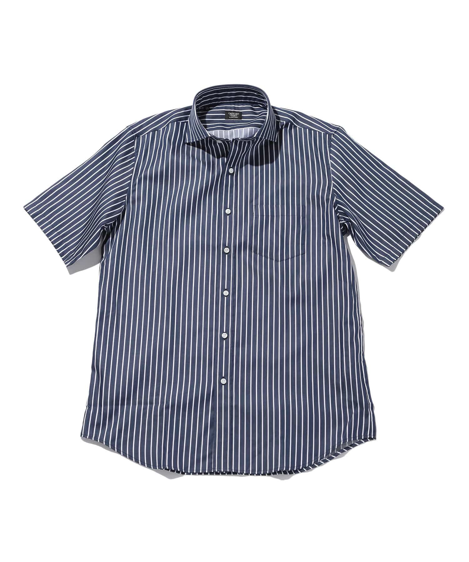 ホリゾンタルカラーコットンストライプ半袖シャツ｜メンズファッション