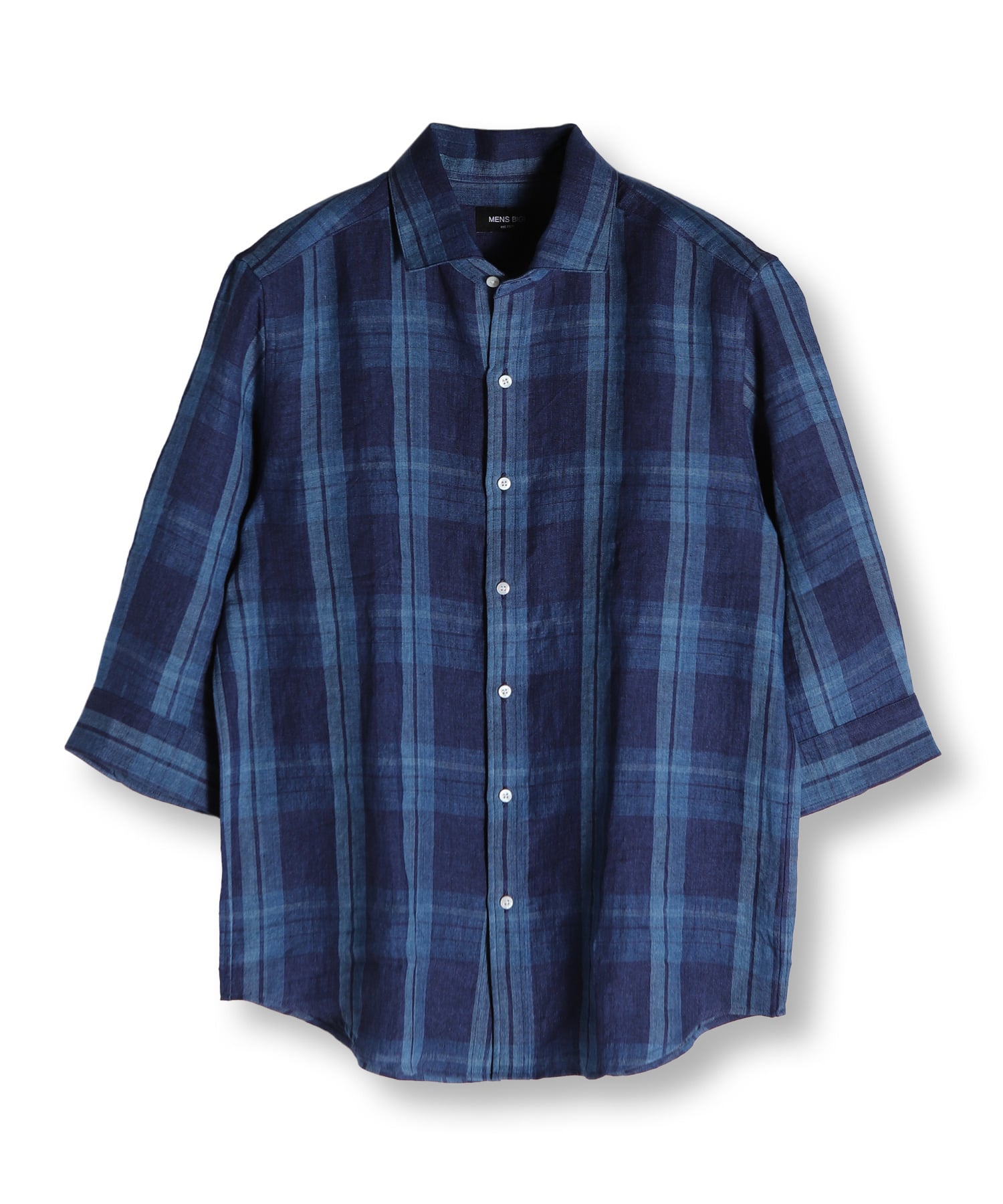 WEB限定】インディゴ染めチェック柄リネン7分袖シャツ｜メンズ
