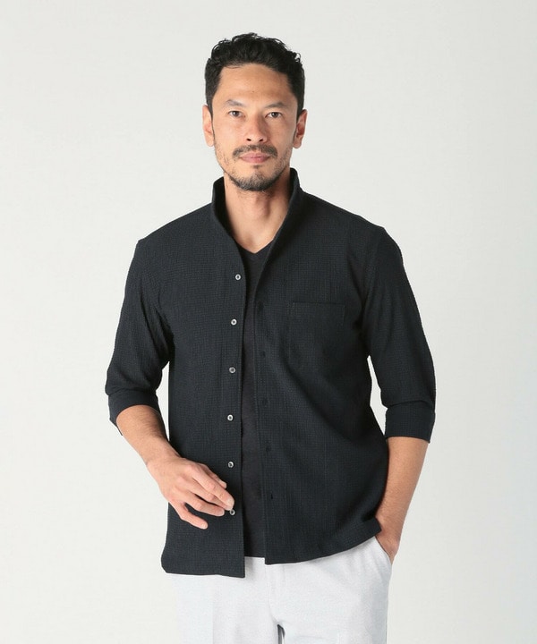 カラミ織風サッカー七分袖スタンドカラーシャツ<ストレッチ/通気性