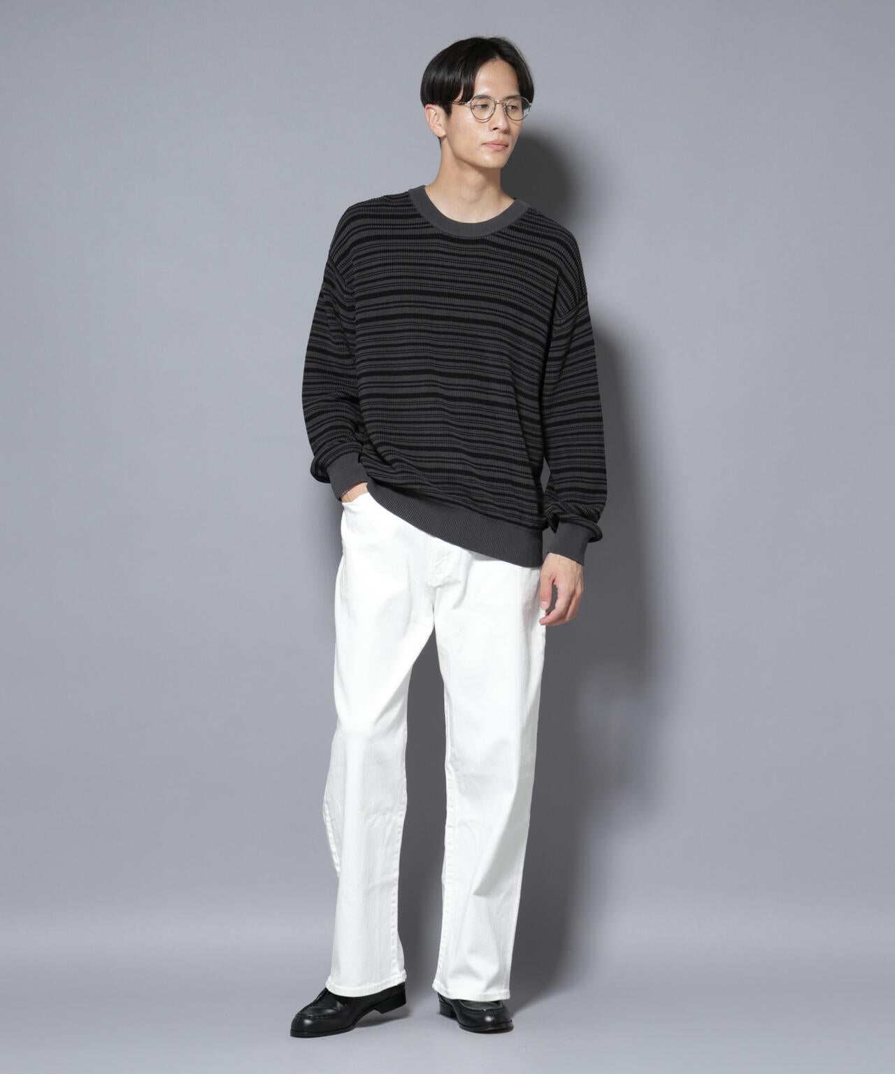 マーセライズコットン 畦ボーダークルーネックニット