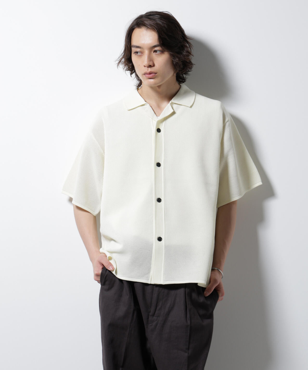 スポンディッシュ メッシュ オープンカラー ニットシャツ