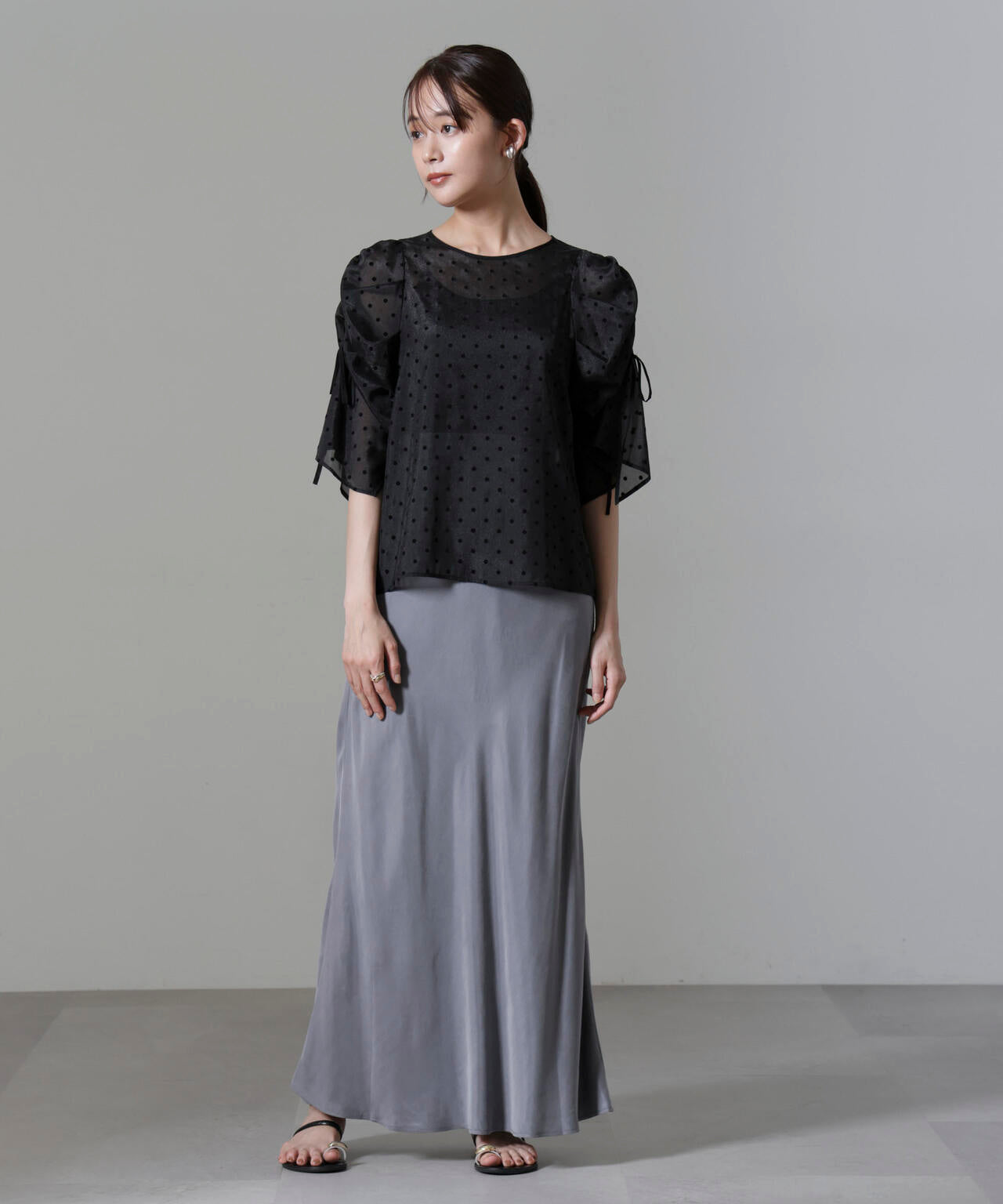 フロッキー ドット リボン スリーブ ブラウス