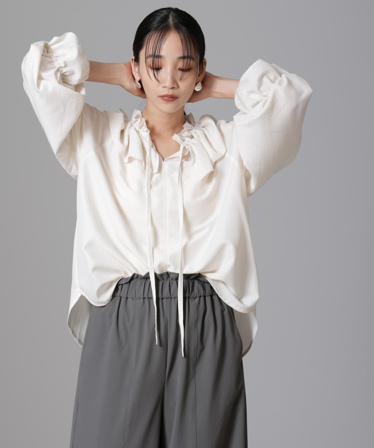 W フリル リボン ブラウス