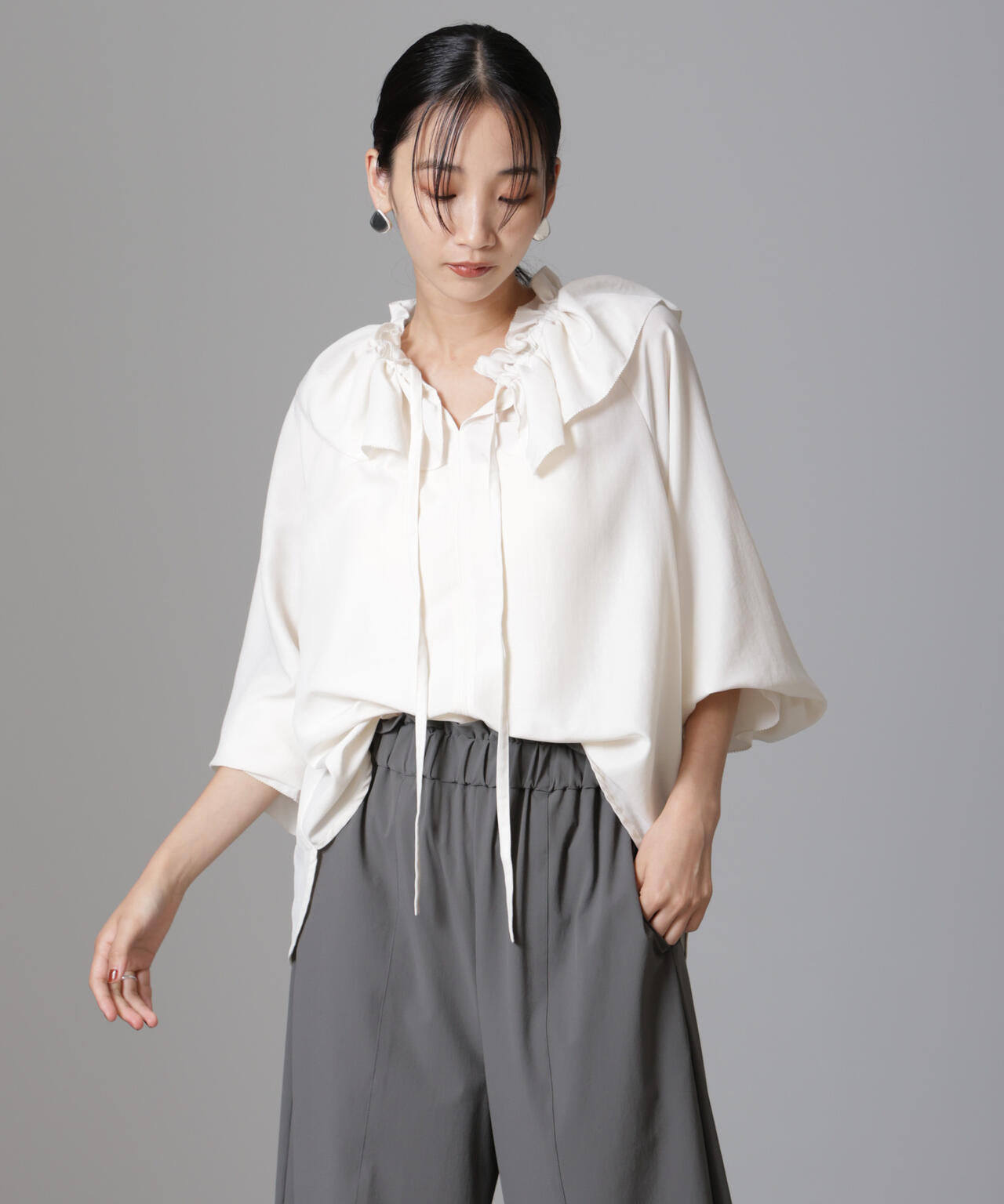 W フリル リボン ブラウス