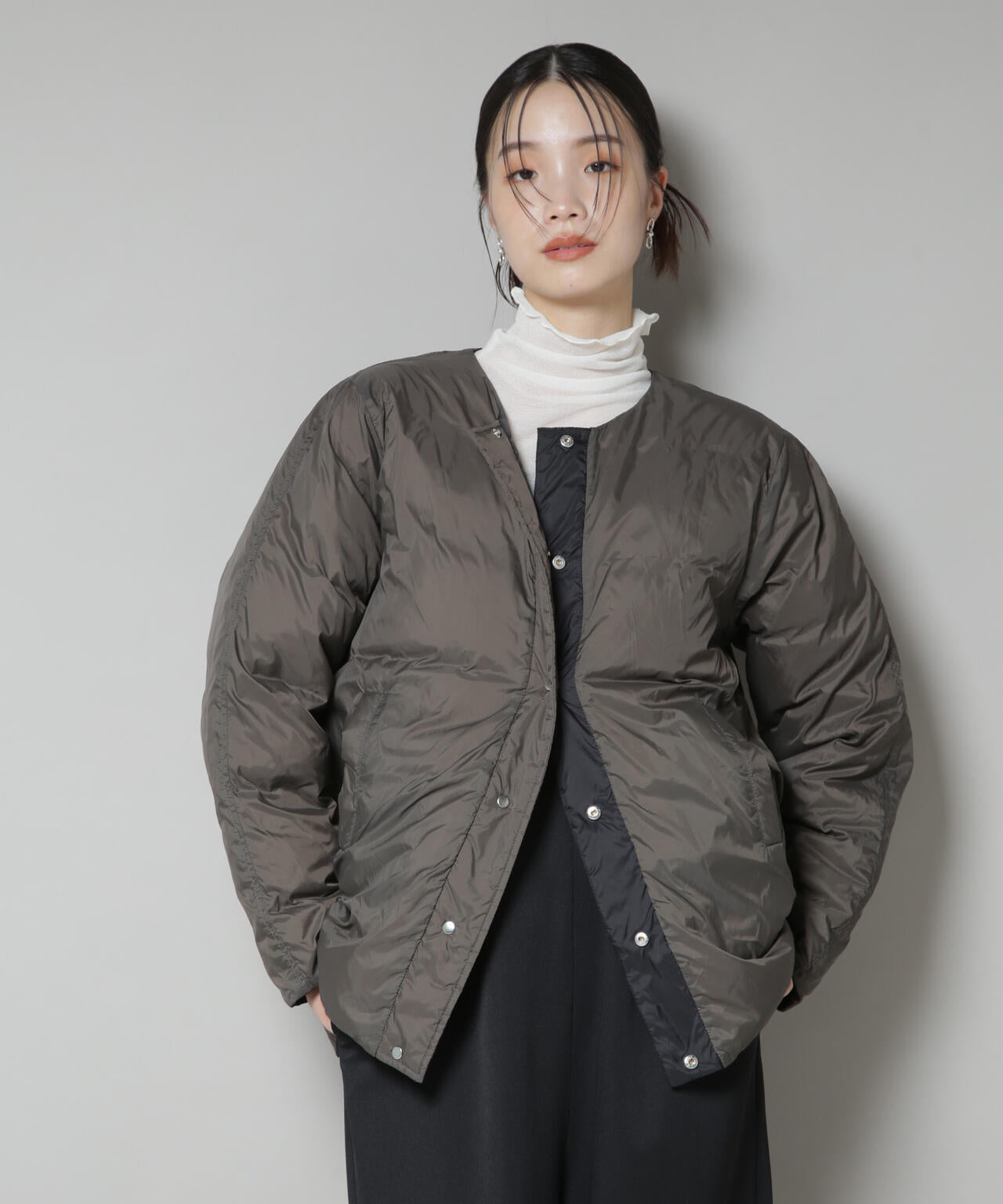 撥水加工 ライトダウン リバーシブル ノーカラージャケット