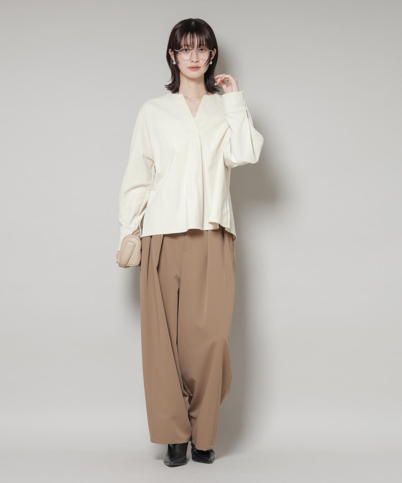 ストレッチ起毛 スキッパー プルオーバー ブラウス ( セットアップ 可)