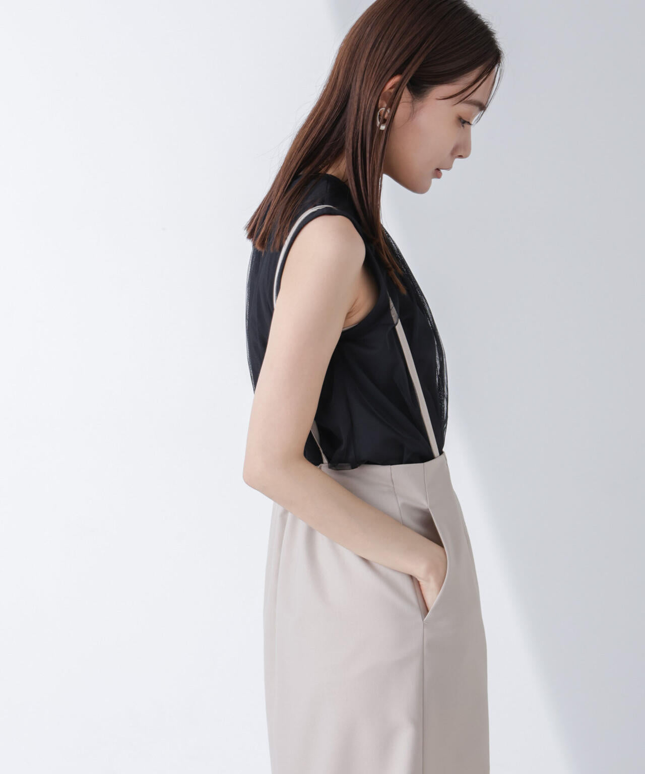 チュール ドッキング カット ノースリーブ トップス