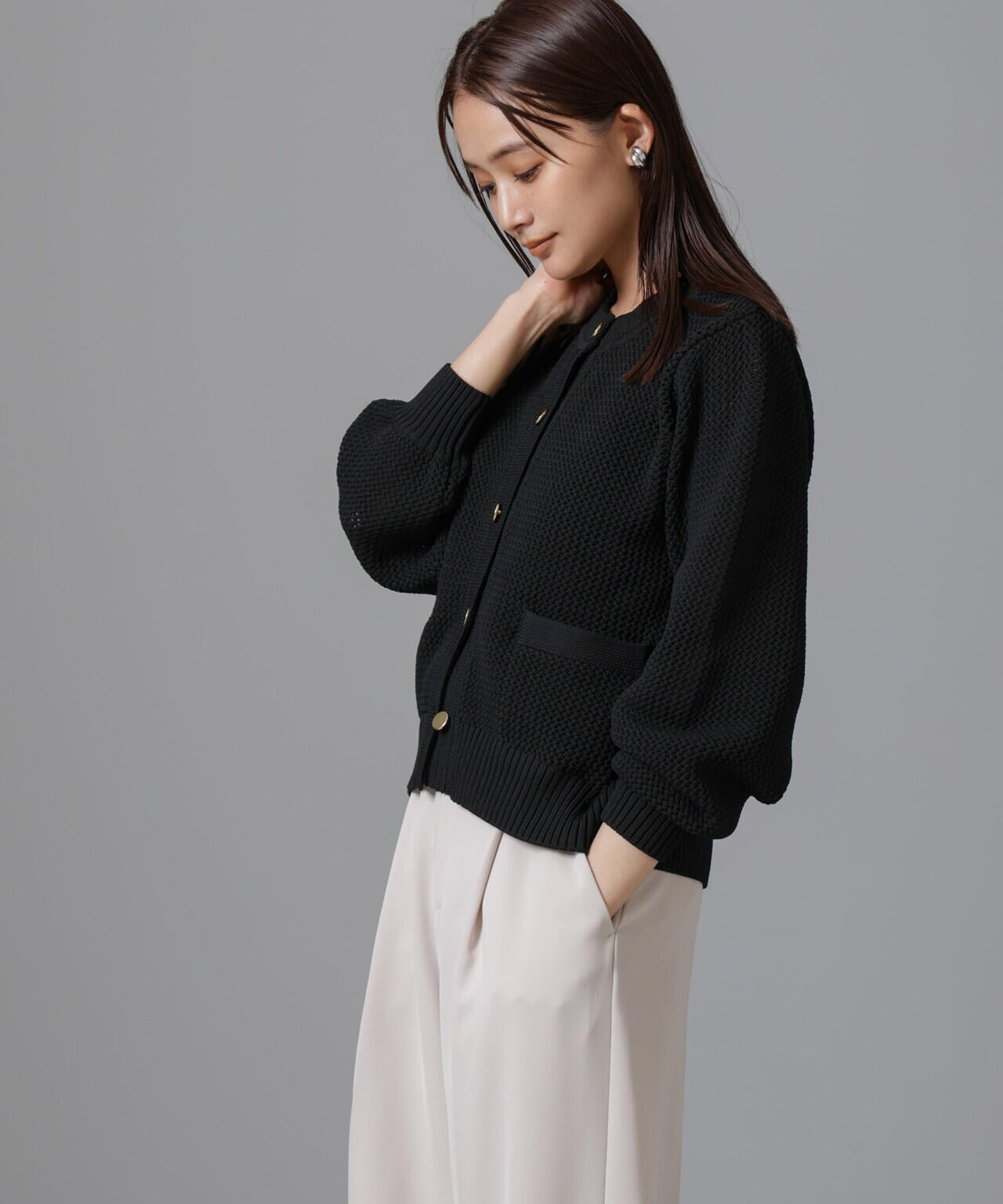 洗濯機 洗い可 軽量 ツイード調 ニット カーディガン