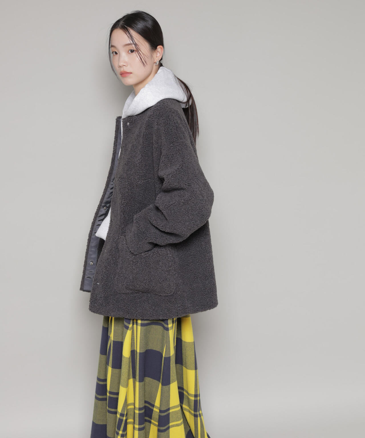 ソフト ボア ノーカラー ミドルコート