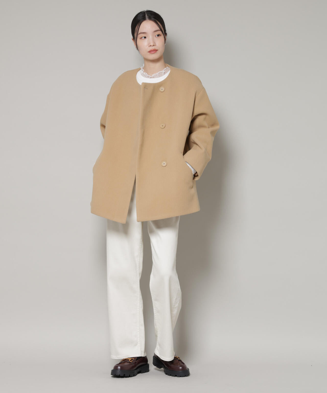 ノーカラー ミドル コート