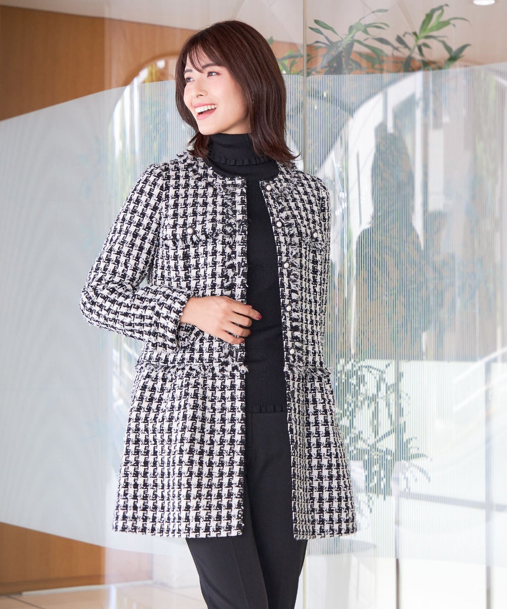 ハウンドトゥースツイードノーカラー ロングジャケット(ジャケット